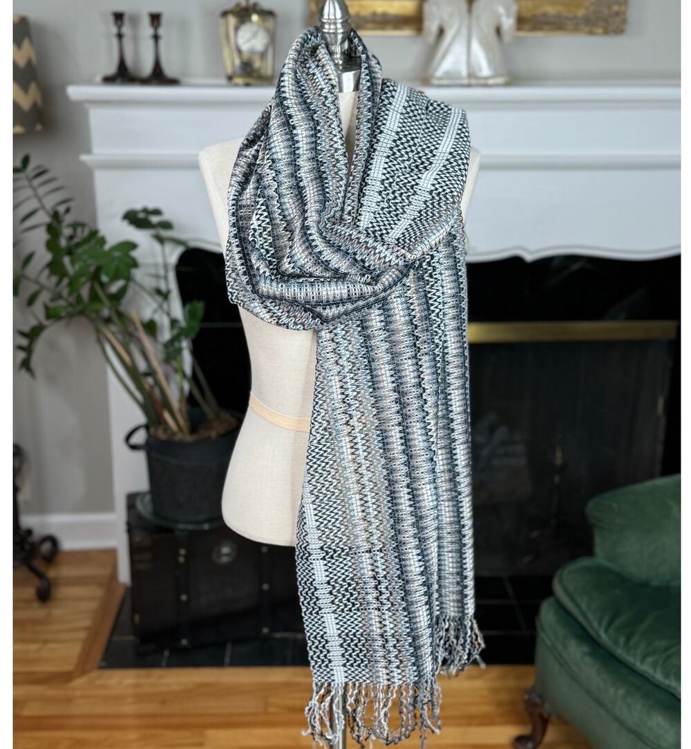 Vintage Missoni Scarf, Wool Blend Silver Gray Tan Zigzag, 68" Fringe, Italy NWT